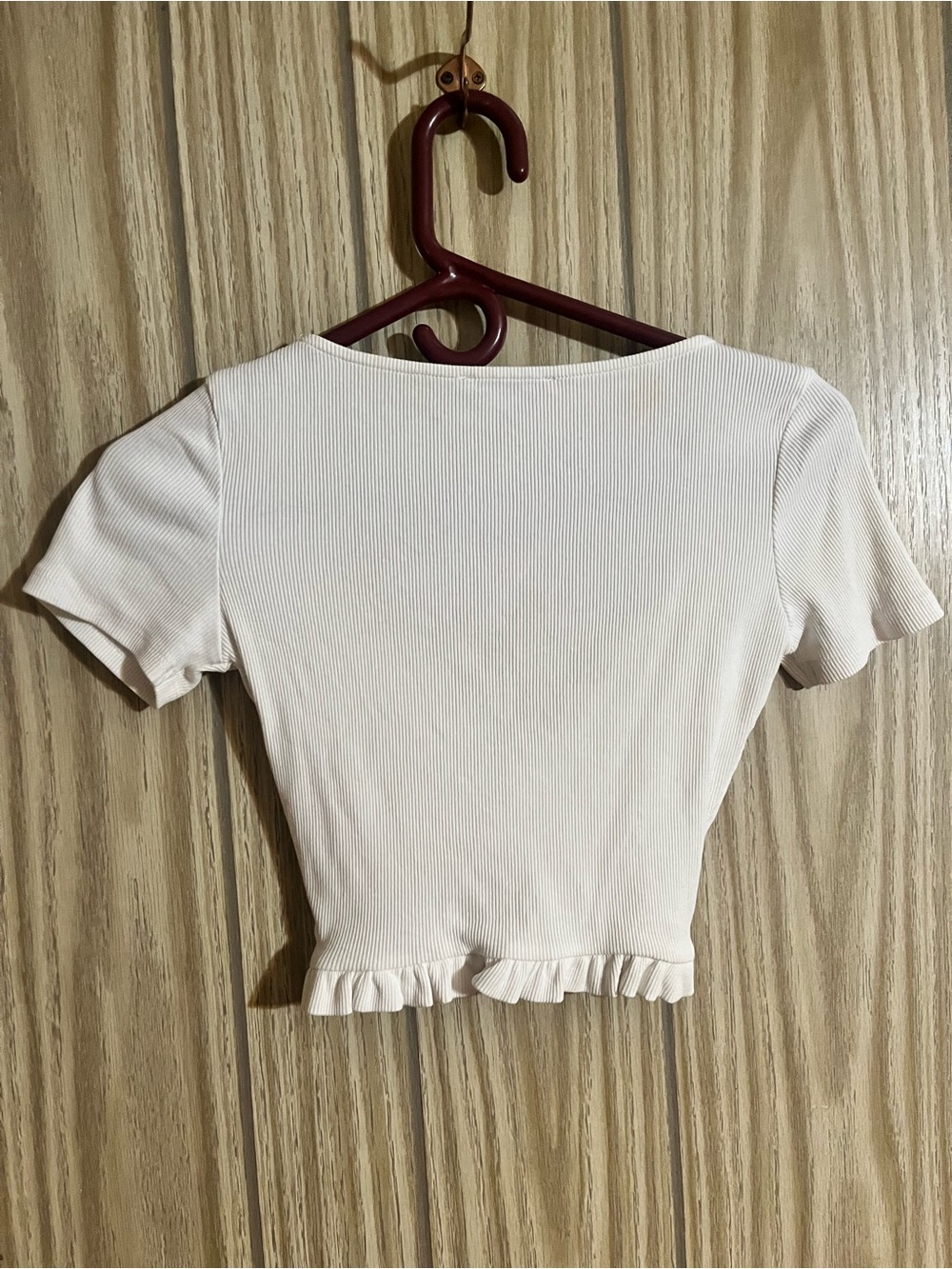 Zara White Ribbed Ruched Crop Top with Ruffle Hem – Size S - Picture 3 of 5